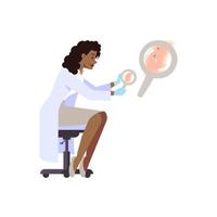 Female dermatologist checking skin flat vector illustration. Professional doctor examining patient isolated cartoon character on white background. Therapist, oncologist with magnifying glass