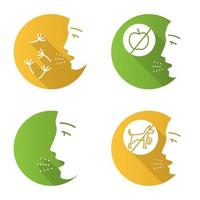 Allergies flat design long shadow glyph icons set. Food, pollen, dog intolerance. Allergen sources. Allergic disease. Hypersensitivity of immune system. Medical problem. Vector silhouette illustration