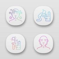 Food poisoning app icons set. Allergy symptoms. Vomiting, diarrhea, constipation. UI UX user interface. Fatigue, dizziness allergic reaction. Web or mobile applications. Vector isolated illustrations