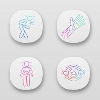 Seasonal allergy symptoms app icons set. Allergic conjunctivitis, dry eye. UI UX user interface. Web or mobile applications. Stomach ache, sneezing, coughing. Vector isolated illustrations