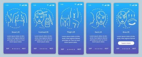 Cosmetic surgical lifting procedure onboarding mobile app page screen vector template. Thigh, neck lift. Walkthrough website steps with linear illustrations. UX, UI, GUI smartphone interface concept
