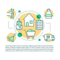 Home services article page vector template. Help in take care of house. Brochure, magazine, booklet design element with linear icons and text boxes. Print design. Concept illustrations with text space