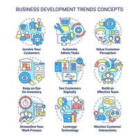 Business development trends concept icons set. Innovations and perspectives idea thin line color illustrations. Isolated symbols. Editable stroke. vector