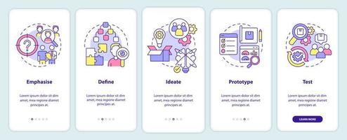 proceso de pensamiento de diseño incorporando la pantalla de la aplicación móvil. tutorial de desarrollo de productos páginas de instrucciones gráficas de 5 pasos con conceptos lineales. interfaz de usuario, ux, plantilla de interfaz gráfica de usuario. vector