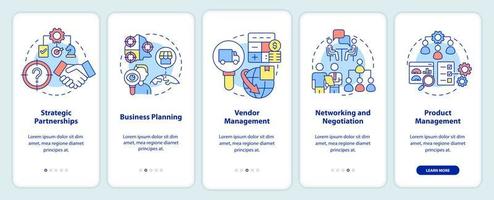 formas de desarrollo empresarial incorporando la pantalla de la aplicación móvil. tutorial de procesos 5 pasos páginas de instrucciones gráficas con conceptos lineales. interfaz de usuario, ux, plantilla de interfaz gráfica de usuario. vector