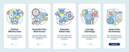 formas de aumentar la eficiencia empresarial incorporando la pantalla de la aplicación móvil. tutorial 5 pasos páginas de instrucciones gráficas con conceptos lineales. interfaz de usuario, ux, plantilla de interfaz gráfica de usuario. vector