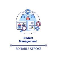 icono del concepto de gestión de productos. procesos de comercialización. desarrollo de negocios idea abstracta ilustración de línea delgada. dibujo de contorno aislado. trazo editable. vector