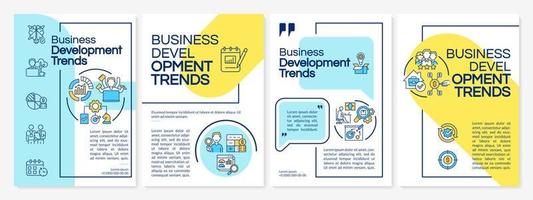 Business development trends blue and yellow brochure template. Leaflet design with linear icons. 4 vector layouts for presentation, annual reports.