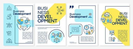 Business development blue and yellow brochure template. Corporate trends. Leaflet design with linear icons. 4 vector layouts for presentation, annual reports.