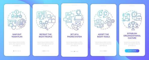 pasos para iniciar la pantalla de la aplicación móvil de incorporación de degradado azul de la oficina virtual. tutorial 5 pasos páginas de instrucciones gráficas con conceptos lineales. interfaz de usuario, ux, plantilla de interfaz gráfica de usuario. vector