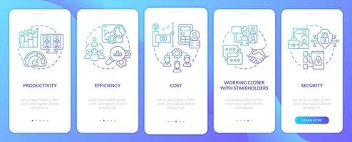 ventajas de la pantalla de aplicación móvil de incorporación de degradado azul de teletrabajo. tutorial 5 pasos páginas de instrucciones gráficas con conceptos lineales. interfaz de usuario, ux, plantilla de interfaz gráfica de usuario. vector