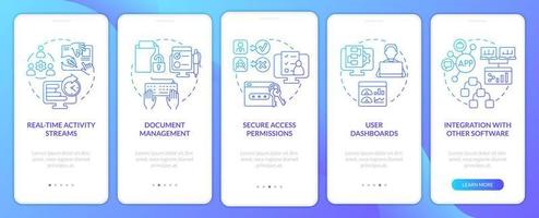 Features of online office blue gradient onboarding mobile app screen. Walkthrough 5 steps graphic instructions pages with linear concepts. UI, UX, GUI template. vector