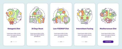 Trendy diets onboarding mobile app screen. Healthy nutrition walkthrough 5 steps graphic instructions pages with linear concepts. UI, UX, GUI template.