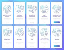 Online workplace blue gradient onboarding mobile app screen set. Walkthrough 5 steps graphic instructions pages with linear concepts. UI, UX, GUI template. vector