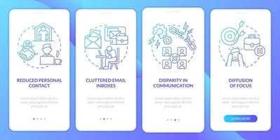 Disadvantages of remote work blue gradient onboarding mobile app screen. Walkthrough 4 steps graphic instructions pages with linear concepts. UI, UX, GUI template. vector
