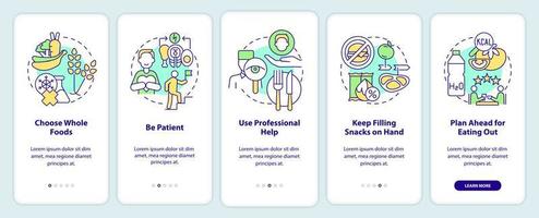 enfoques para la incorporación de una dieta saludable en la pantalla de la aplicación móvil. tutorial 5 pasos páginas de instrucciones gráficas con conceptos lineales. interfaz de usuario, ux, plantilla de interfaz gráfica de usuario. vector