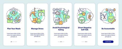 Maintaining weight after diet onboarding mobile app screen. Walkthrough 5 steps graphic instructions pages with linear concepts. UI, UX, GUI template. vector
