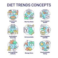 Diet trends concept icons set. Healthy lifestyle and eating. Weight control idea thin line color illustrations. Isolated symbols. Editable stroke. vector