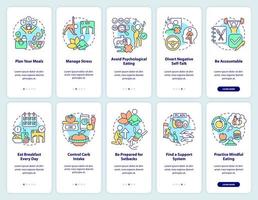Diet trends onboarding mobile app screen set. Healthy nutrition walkthrough 5 steps graphic instructions pages with linear concepts. UI, UX, GUI template. vector