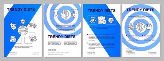 Trendy diets blue brochure template. Healthy nutrition and eating. Leaflet design with linear icons. 4 vector layouts for presentation, annual reports.