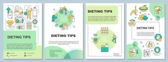Dieting tips green brochure template. Losing weight. Healthy nutrition. Leaflet design with linear icons. 4 vector layouts for presentation, annual reports.