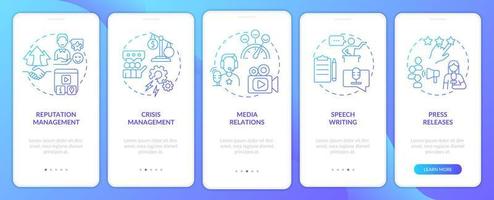 PR services types blue gradient onboarding mobile app screen. Promotion walkthrough 5 steps graphic instructions pages with linear concepts. UI, UX, GUI template. vector