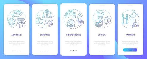 PR code of ethics blue gradient onboarding mobile app screen. Principles walkthrough 5 steps graphic instructions pages with linear concepts. UI, UX, GUI template. vector