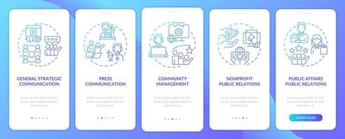 Types of PR firms blue gradient onboarding mobile app screen. Walkthrough 5 steps graphic instructions pages with linear concepts. UI, UX, GUI template. vector