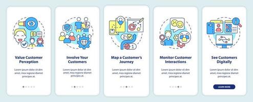 Ways to become customer-centric business onboarding mobile app screen. Walkthrough 5 steps graphic instructions pages with linear concepts. UI, UX, GUI template. vector