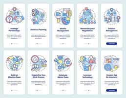 Business development onboarding mobile app screen set. Corporate growth walkthrough 5 steps graphic instructions pages with linear concepts. UI, UX, GUI template. vector