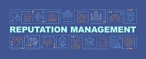 Firm reputation management word concepts blue banner. PR strategy. Infographics with icons on color background. Isolated typography. Vector illustration with text.