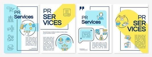 PR services blue and yellow brochure template. Organization reputation. Leaflet design with linear icons. 4 vector layouts for presentation, annual reports.