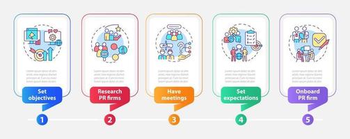 plantilla de infografía de rectángulo de empresa de contratación de relaciones públicas. elegir agencia. visualización de datos con 5 pasos. gráfico de información de la línea de tiempo del proceso. diseño de flujo de trabajo con iconos de línea. vector