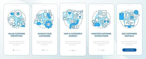 Building customer-centric business blue onboarding mobile app screen. Walkthrough 5 steps graphic instructions pages with linear concepts. UI, UX, GUI template. vector