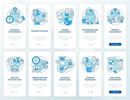 conjunto de pantalla de aplicación móvil de incorporación azul de desarrollo empresarial. tutorial corporativo 5 pasos páginas de instrucciones gráficas con conceptos lineales. interfaz de usuario, ux, plantilla de interfaz gráfica de usuario. vector