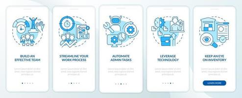 formas de aumentar la eficiencia empresarial pantalla de aplicación móvil de incorporación azul. tutorial 5 pasos páginas de instrucciones gráficas con conceptos lineales. interfaz de usuario, ux, plantilla de interfaz gráfica de usuario. vector