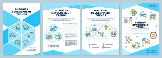 Business development trends blue brochure template. Corporate work. Leaflet design with linear icons. 4 vector layouts for presentation, annual reports.