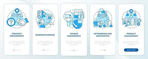 Formas de desarrollo empresarial pantalla de aplicación móvil de incorporación azul. tutorial de procesos 5 pasos páginas de instrucciones gráficas con conceptos lineales. interfaz de usuario, ux, plantilla de interfaz gráfica de usuario. vector