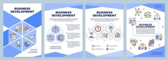 Business development blue brochure template. Corporate trends. Leaflet design with linear icons. 4 vector layouts for presentation, annual reports.