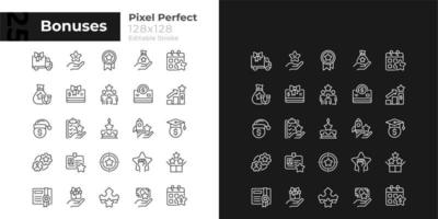 bonos iconos lineales perfectos de píxeles establecidos para el modo oscuro y claro. recompensa del empleado. símbolos de línea delgada para el tema de la noche y el día. ilustraciones aisladas. trazo editable. vector