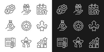 Incentive compensation pixel perfect linear icons set for dark, light mode. Raising motivation. Customer appreciation. Thin line symbols for night, day theme. Isolated illustrations. Editable stroke vector