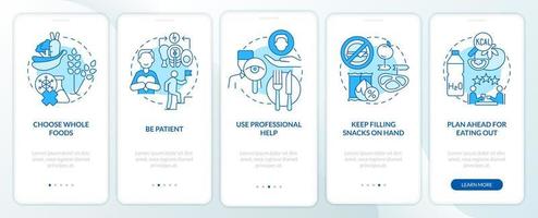 Approaches to healthy diet blue onboarding mobile app screen. Walkthrough 5 steps graphic instructions pages with linear concepts. UI, UX, GUI template. vector