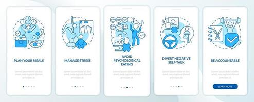 Maintaining weight after diet blue onboarding mobile app screen. Walkthrough 5 steps graphic instructions pages with linear concepts. UI, UX, GUI template. vector