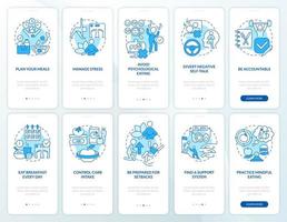 Conjunto de pantalla de aplicación móvil de incorporación de tendencias de dieta azul. tutorial de nutrición saludable 5 pasos páginas de instrucciones gráficas con conceptos lineales. interfaz de usuario, ux, plantilla de interfaz gráfica de usuario. vector