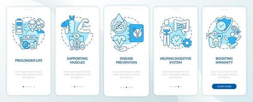 ventajas de la dieta pantalla azul de la aplicación móvil de incorporación. tutorial de nutrición saludable 5 pasos páginas de instrucciones gráficas con conceptos lineales. interfaz de usuario, ux, plantilla de interfaz gráfica de usuario. vector