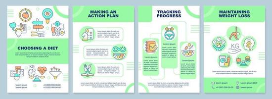 Dieting brochure template. Healthy nutrition plan. Weight loss. Leaflet design with linear icons. 4 vector layouts for presentation, annual reports.