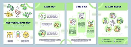 plantilla de folleto de dietas populares y de moda. nutrición saludable. diseño de folletos con iconos lineales. 4 diseños vectoriales para presentación, informes anuales. vector