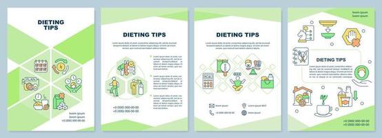 Dieting tips brochure template. Losing weight. Healthy nutrition. Leaflet design with linear icons. 4 vector layouts for presentation, annual reports.