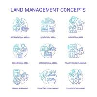 Land management blue gradient concept icons set. Residential areas idea thin line color illustrations. Commercial, industrial spaces. Isolated symbols. vector