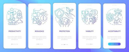 pantalla de la aplicación móvil de incorporación de gradiente azul de gestión sostenible de la tierra. tutorial 5 pasos páginas de instrucciones gráficas con conceptos lineales. interfaz de usuario, ux, plantilla de interfaz gráfica de usuario. vector